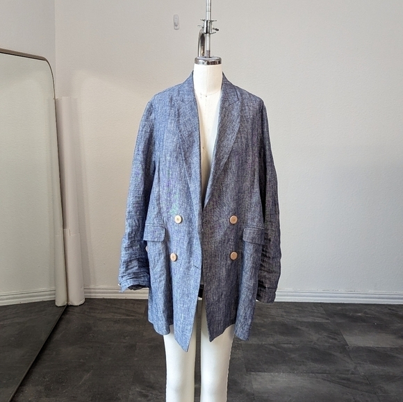 MNG Casual Double Breasted Linen Blazer Blue S preppy summer business casual - Picture 3 of 10